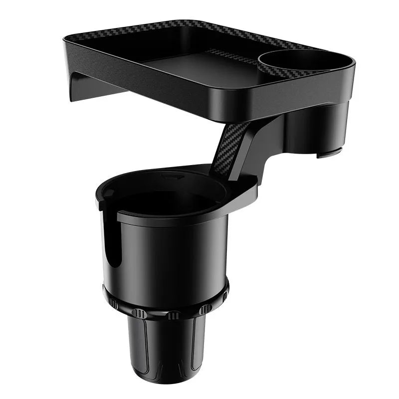 Black ABS plastic car-mounted rotating dinner tray holder installed in a vehicle cup holder.