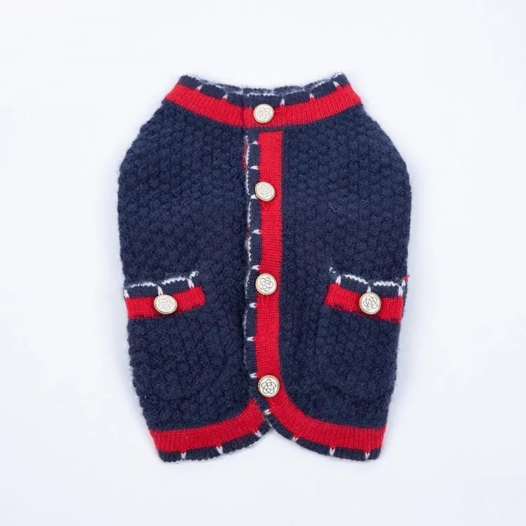 Blue Bejirog wool sweater cardigan for pets in classic princess style on mannequin