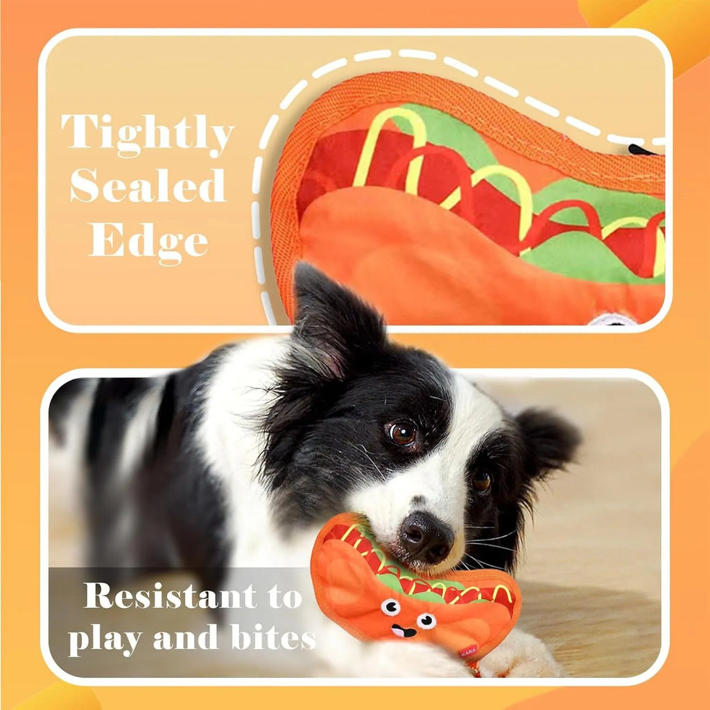 Food-shaped dog chew toys with crinkle and squeaker features including burger, fries, hot dog and pizza designs