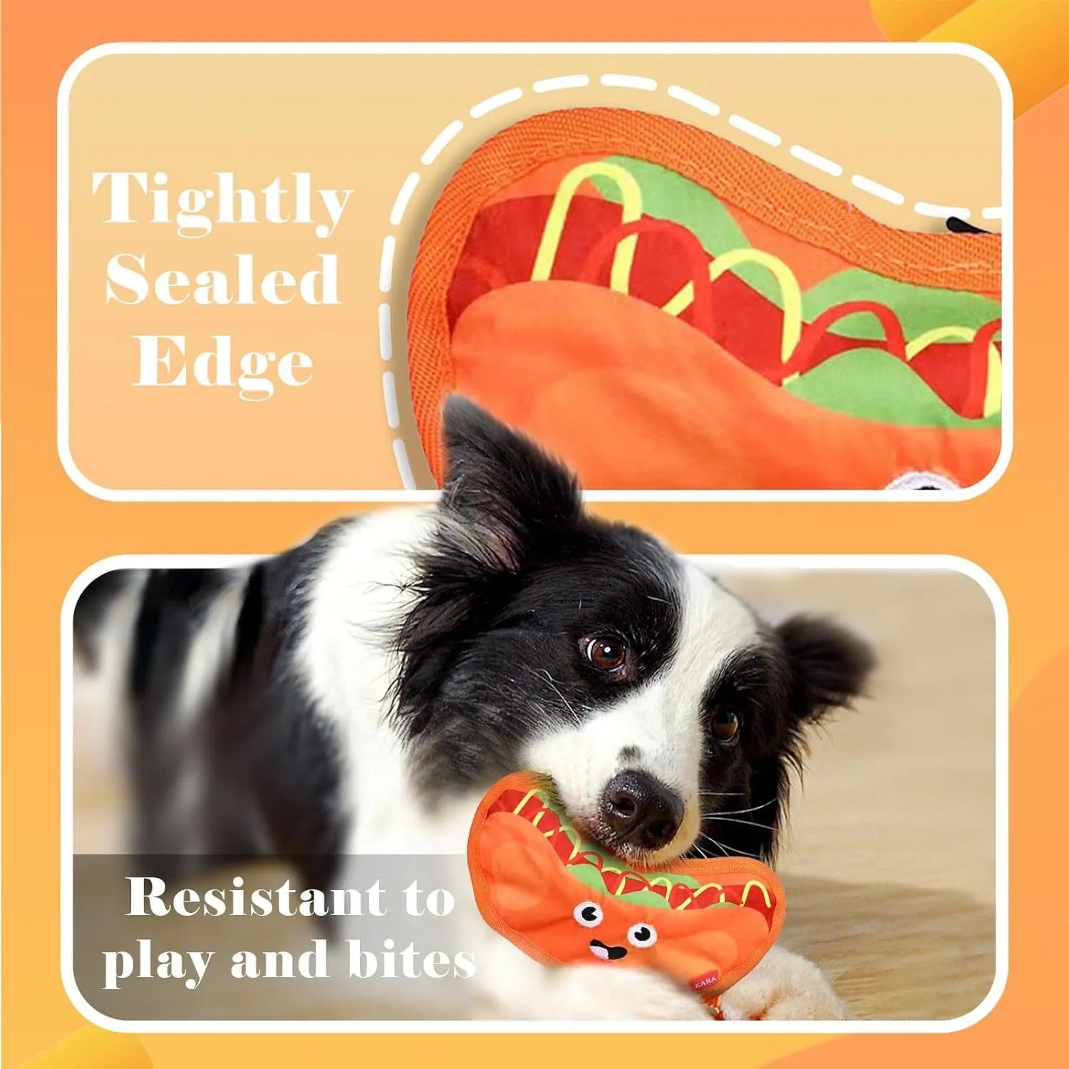 Food-shaped dog chew toys with crinkle and squeaker features including burger, fries, hot dog and pizza designs
