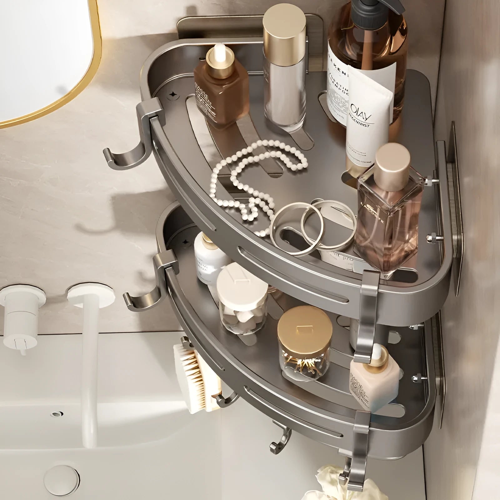 Gun Gray metal corner storage rack mounted on a bathroom wall, holding toiletries.