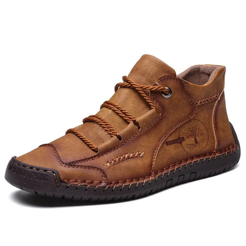Men's brown leather high-top lace-up casual boots on a white background.