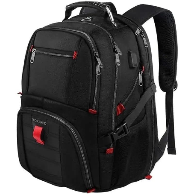 Large black USB charging backpack with curved shoulder straps showing external USB port and Oxford cloth texture