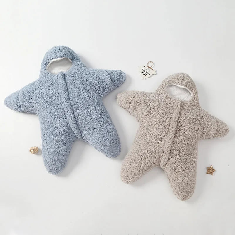 Cashmere and cotton baby sleeping bag with hood in starfish lamb velvet design