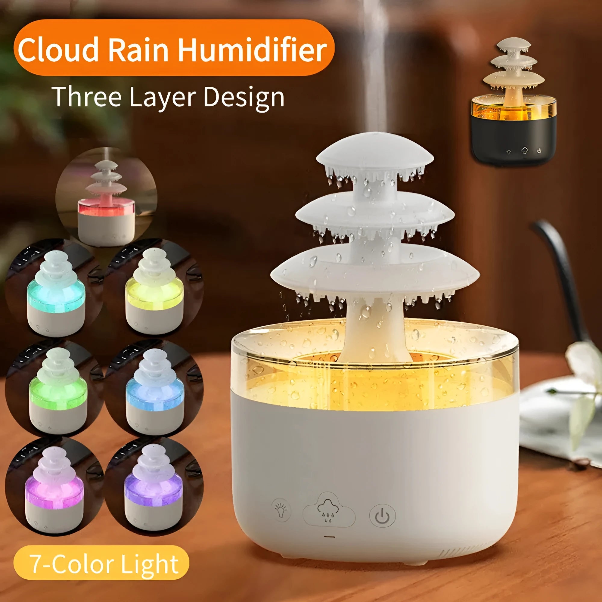 White Cloud Rain air humidifier and essential oil diffuser with colourful LED light on a table.