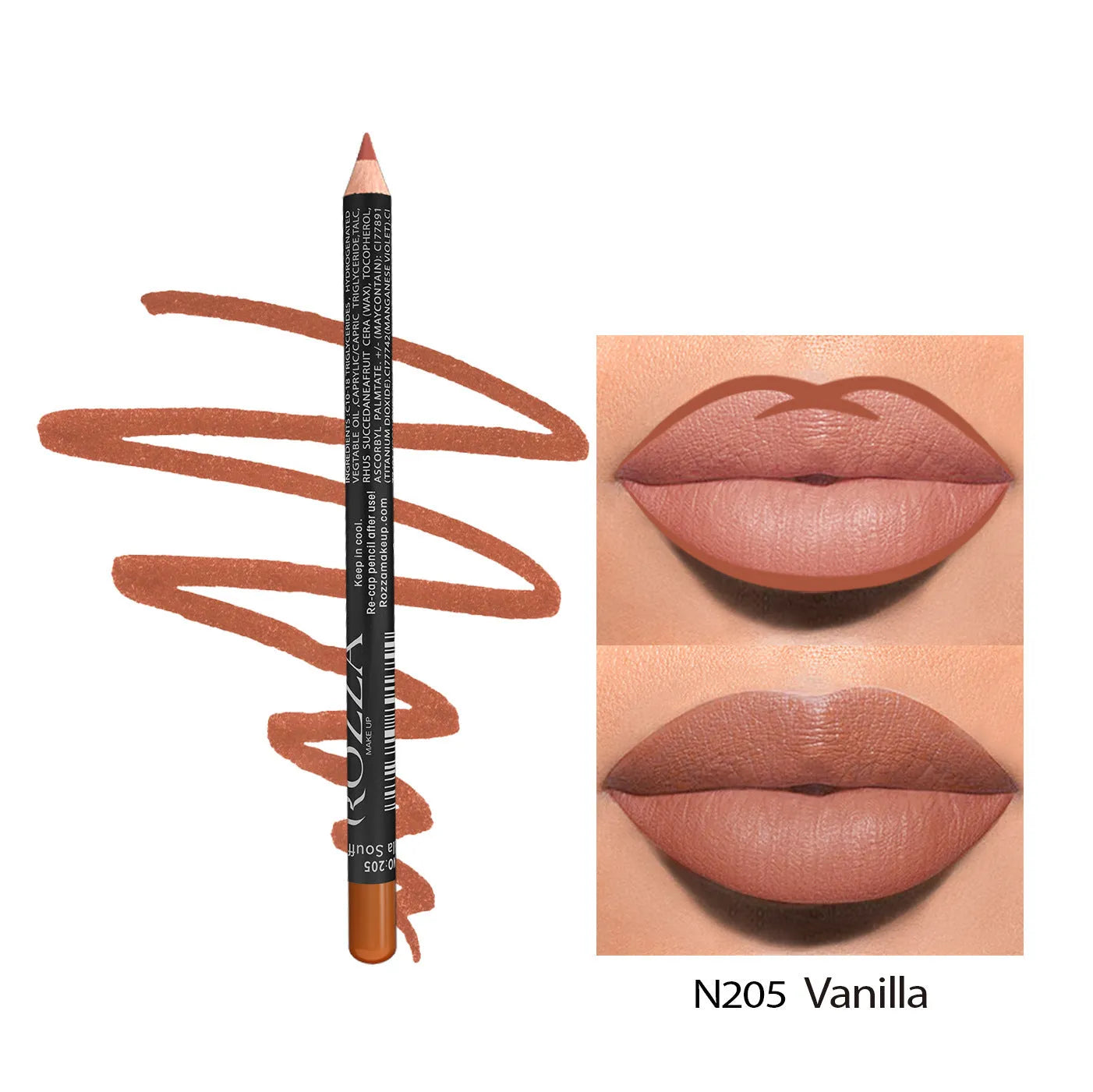 Long-lasting matte lip liner pencil in a wooden case, shown with colour swatches of its 14 available shades.