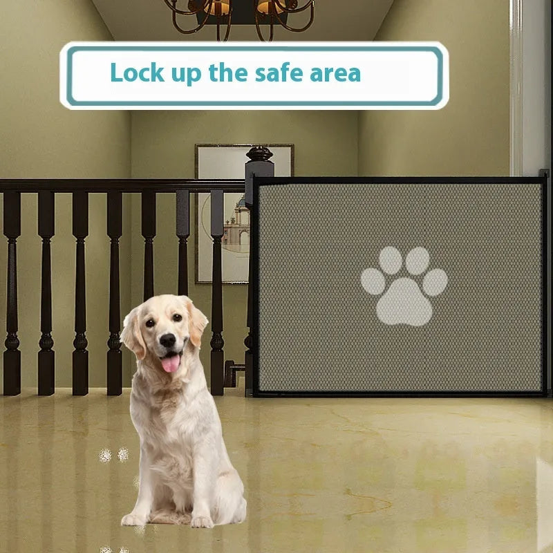 Folding dog safety barrier net fence with pet doorsill design and plastic rod support