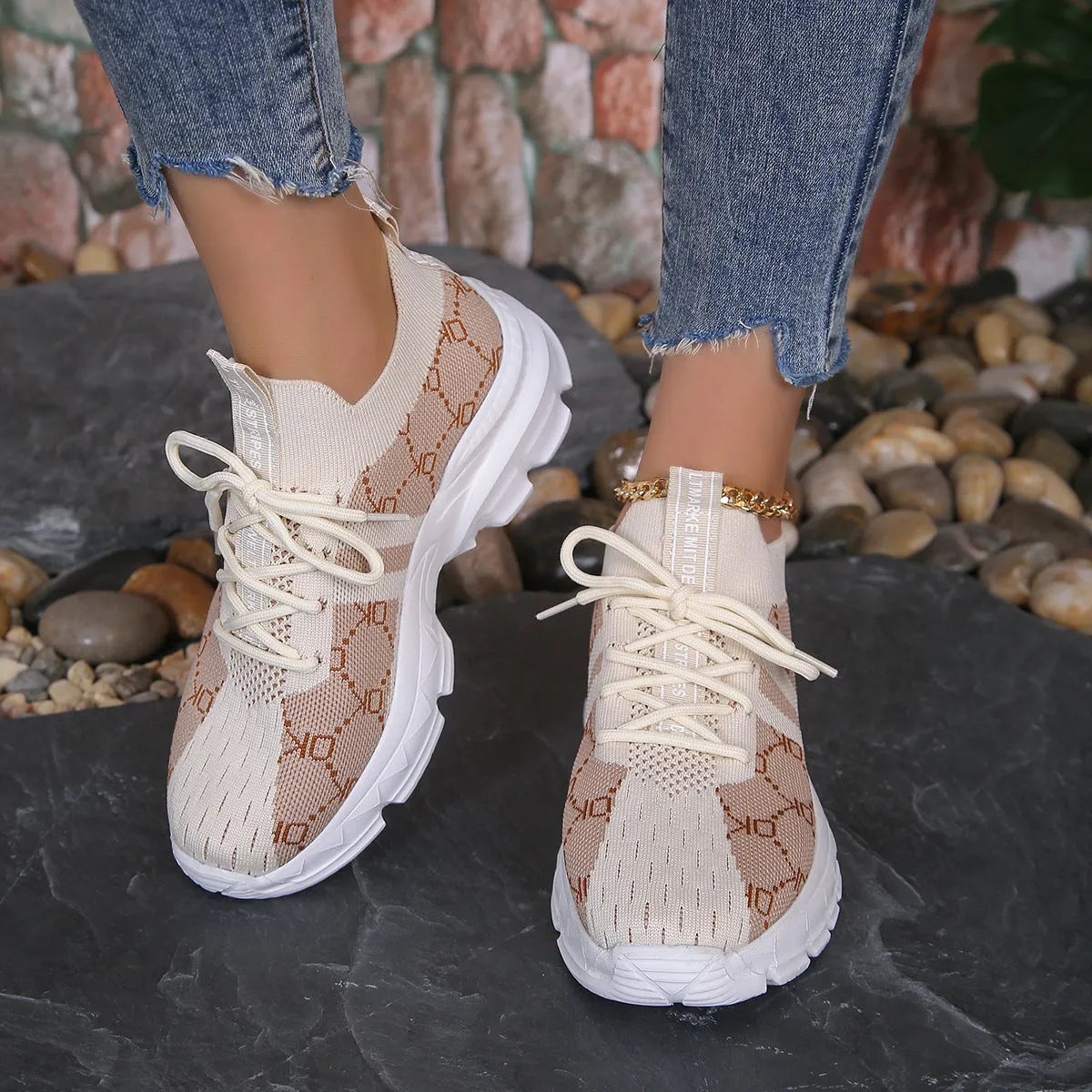 Women's breathable mesh lace-up sneakers in Light Brown with round toe and rubber sole