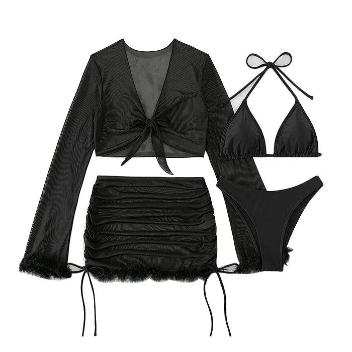 Black women's long sleeve bikini set with briefs style bottom for swimming