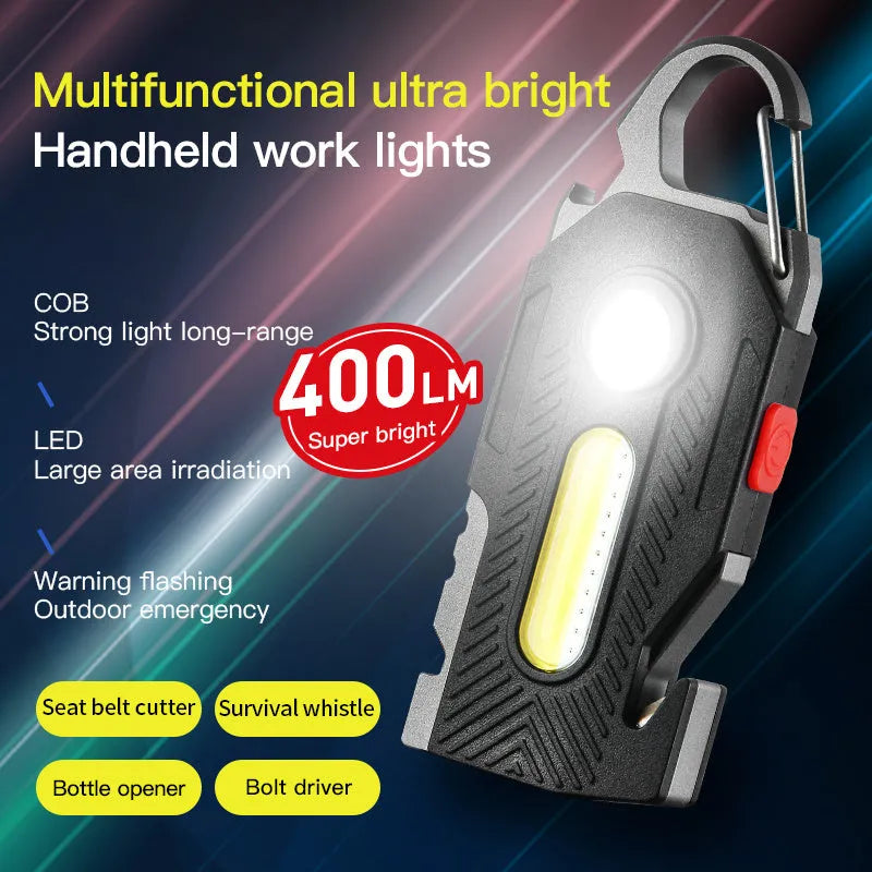 Multifunctional charging emergency light on keychain with COB LED, bottle opener, and screwdrivers