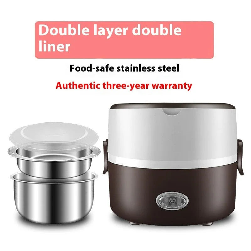 Portable plug-in insulated lunch box with stainless steel inner liner, coffee colour, double layer configuration, on a desk
