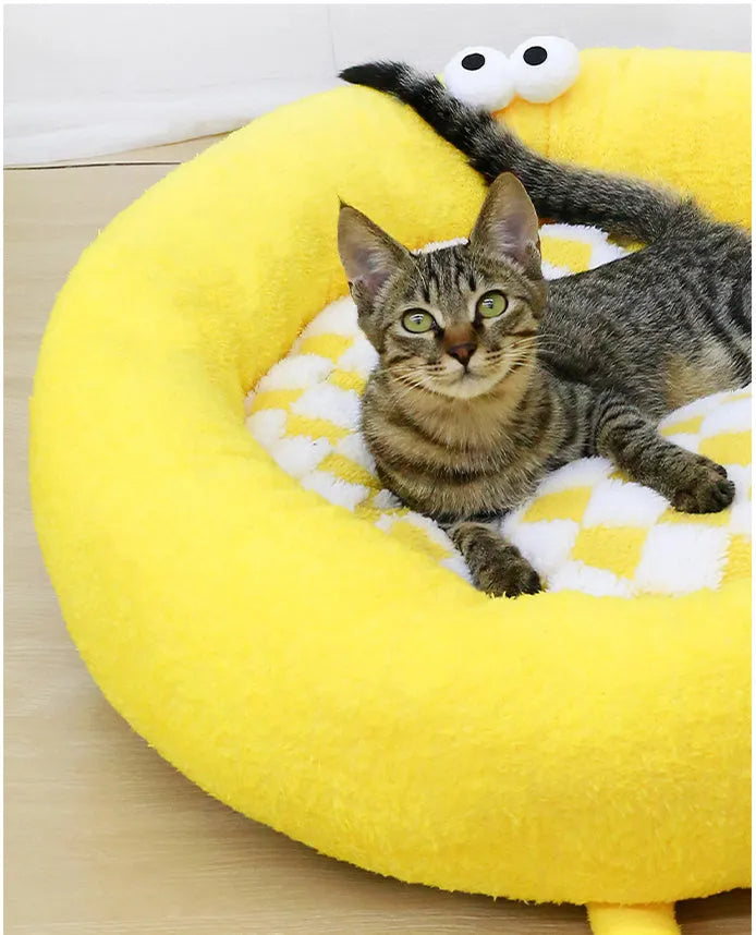 Plush round pet nest bed for small dogs in black, pink, or yellow colours