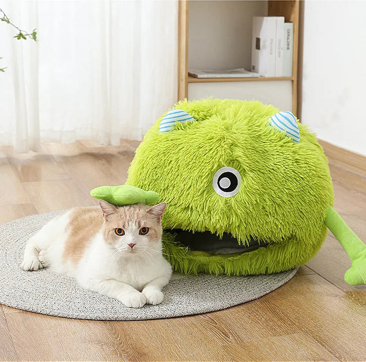 Fluffy round cat bed with non-slip base shown in three measured sizes
