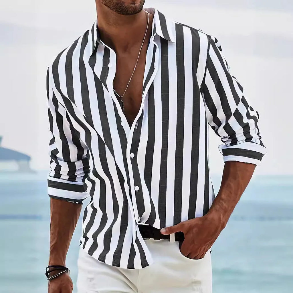 Men's yarn-dyed striped casual shirt in polyester with loose fit and long sleeves