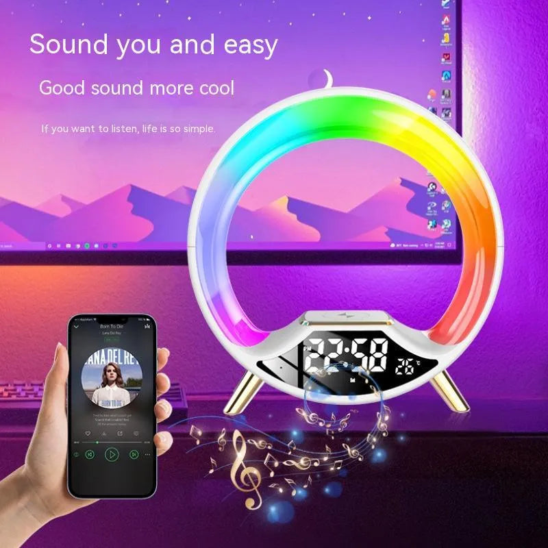 O Light wireless charging bedside lamp with Bluetooth speaker, digital clock display, and dimmable warm light.