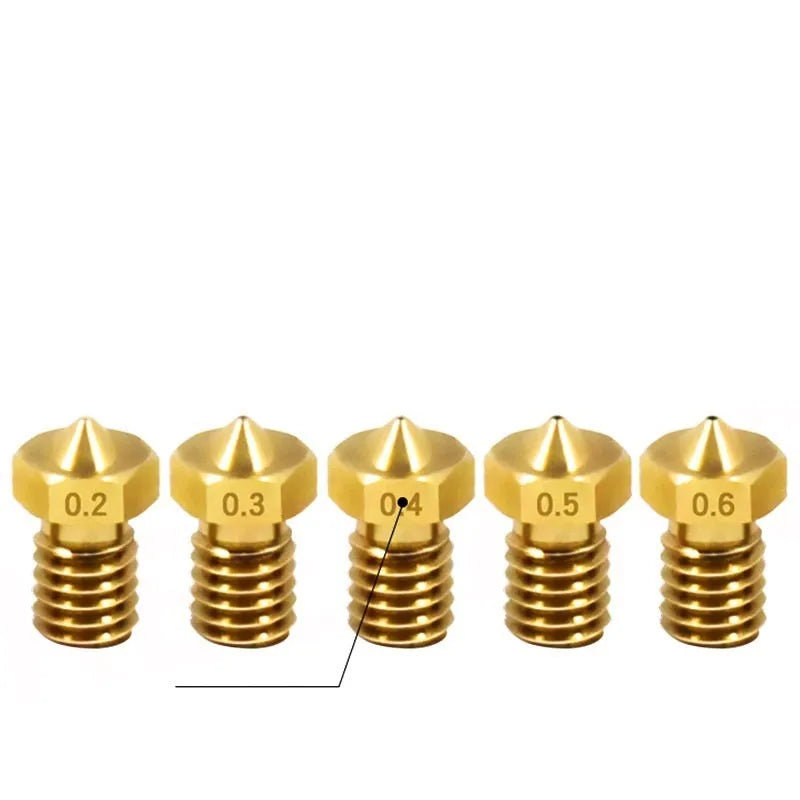 Brass 3D printer nozzle with M6 thread, showing multiple aperture size options.