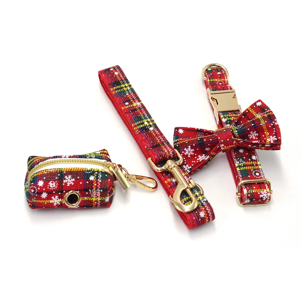 Red Christmas pet collar, leash, harness, bow, and waste bag set with laser-cut fabric design.