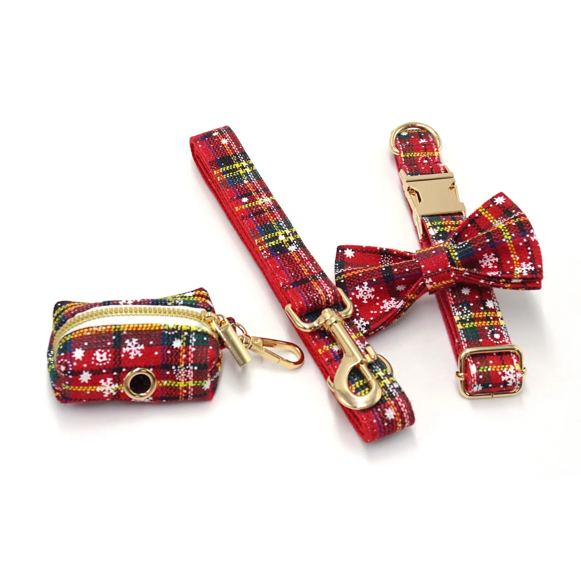 Red Christmas pet collar, leash, harness, bow, and waste bag set with laser-cut fabric design.