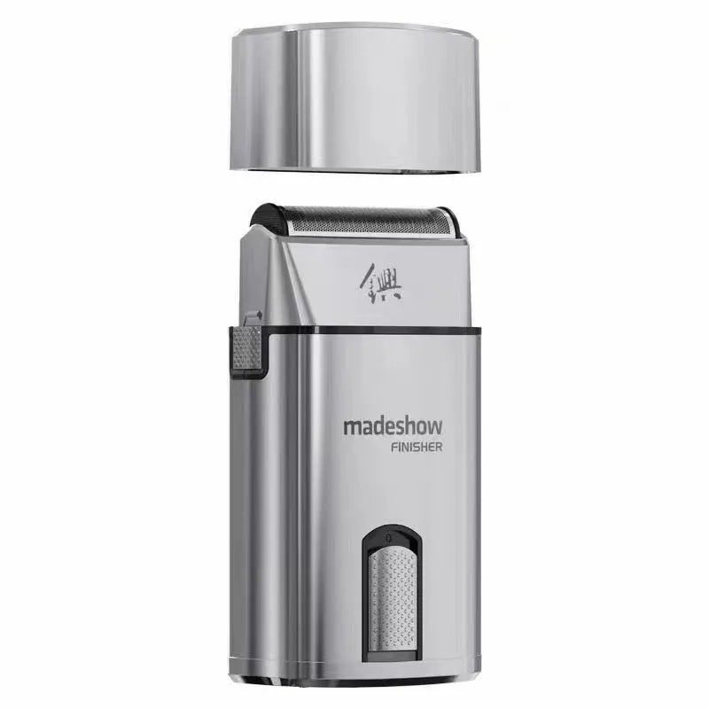 Silver 36W USB rechargeable electric shaver with stainless steel cutter head on white background