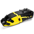Yellow waterproof PVC bicycle tail bag mounted on a bike seat, showing its 58cm length and mounting straps.