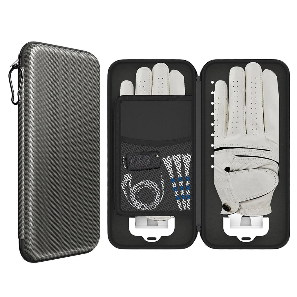 Silver grey golf double glove storage bag with two accessory brackets and carrying handle