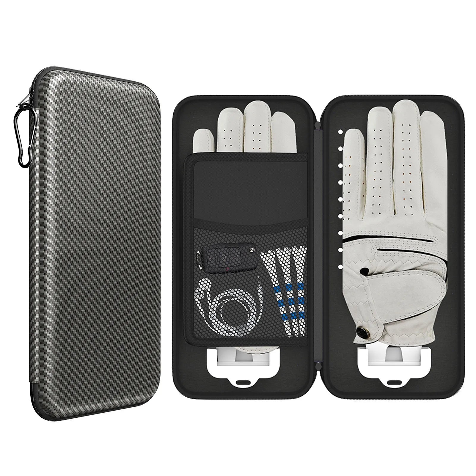 Silver grey golf double glove storage bag with two accessory brackets and carrying handle