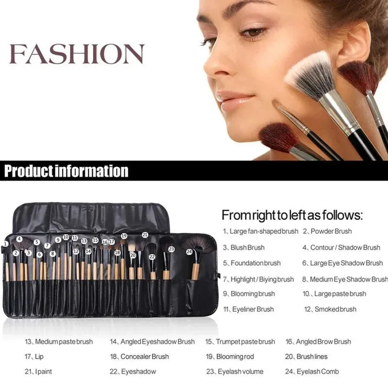 24 professional makeup brushes with wooden handles stored in a black PU gift bag.
