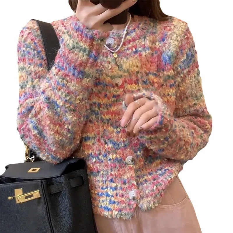 A retro-style slim fit knitted cardigan in a soft pink or green colour with a textured toothbrush hair fabric.