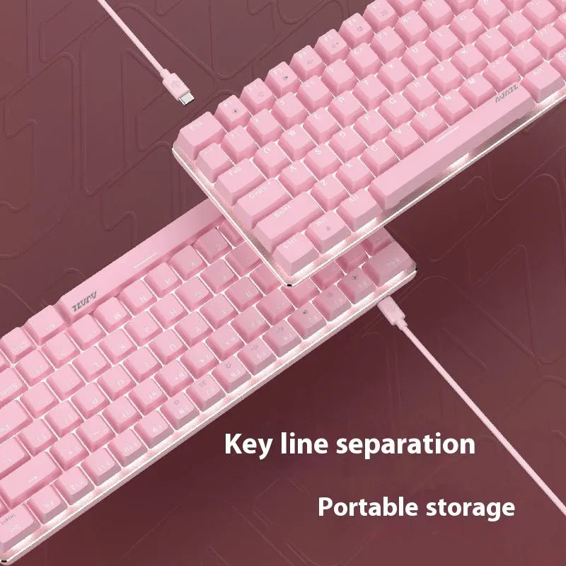 82-key metal mechanical keyboard with white backlight beside laptop