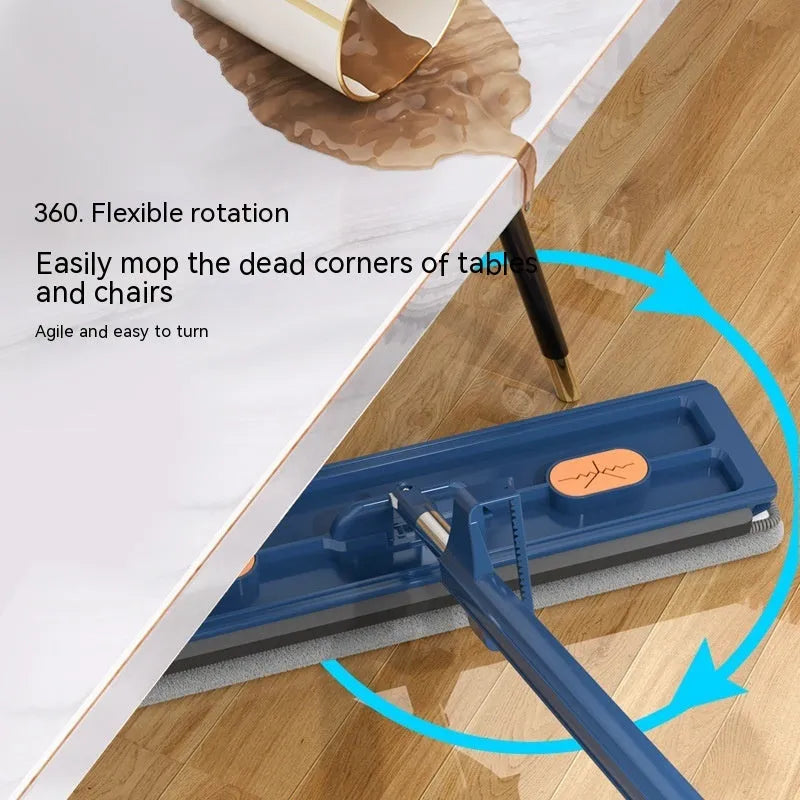 Large flat mop with blue cloths on stainless steel handle showing 360 degree rotating head mechanism