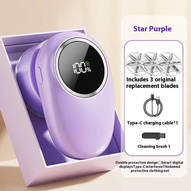 Purple and beige digital fur ball trimmer with LCD screen and multiple blade heads on a white background
