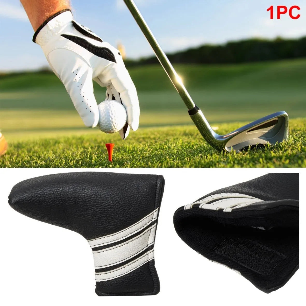 Black PU leather golf club head cover sleeve for protecting a push rod.