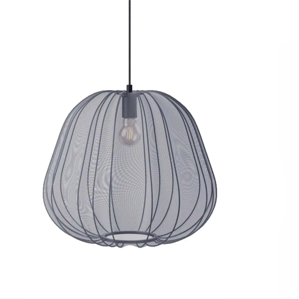 Japanese-style pumpkin-shaped ceiling lamp with net-patterned shade in grey-blue finish.
