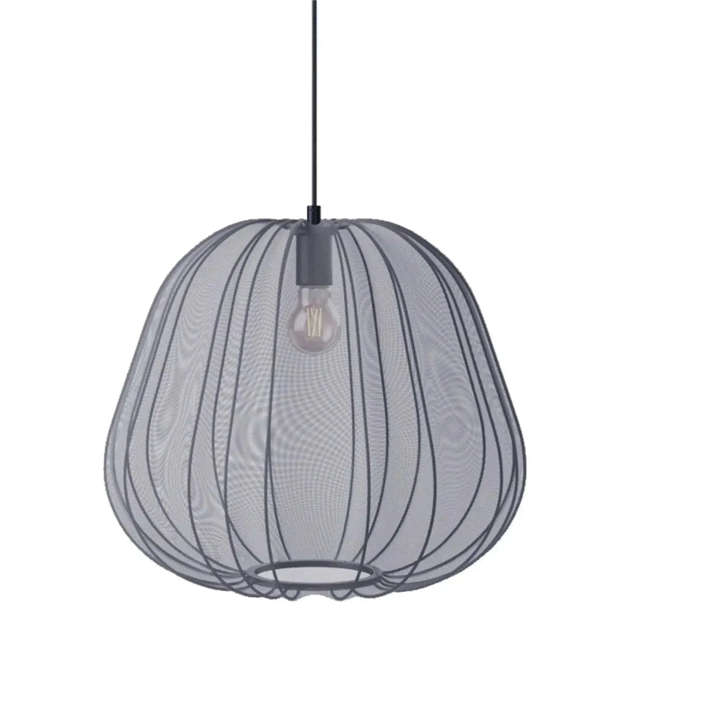 Japanese-style pumpkin-shaped ceiling lamp with net-patterned shade in grey-blue finish.
