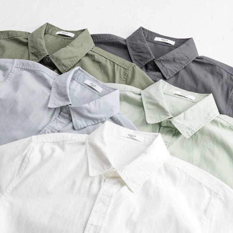 Men's loose fit cotton short sleeve shirt in cardigan style showing available colour options
