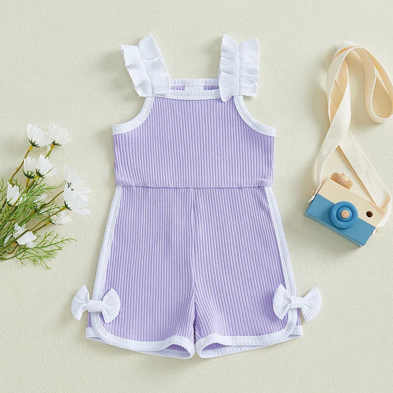 Cotton flounced sleeve bowknot suspenders jumpsuit shorts for toddler girls