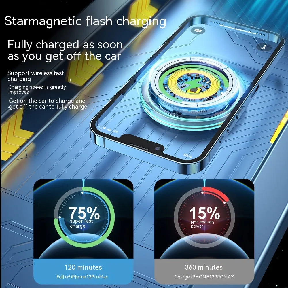 Black car magnetic wireless charging stand mounted on vehicle air vent charging smartphone