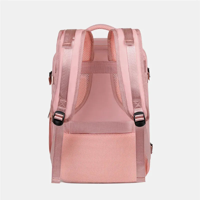 Large purple waterproof Oxford cloth travel backpack showing organisational pockets and air pillow belt