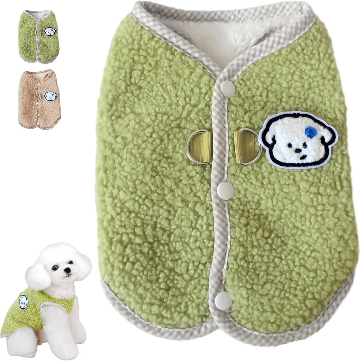 Green coral fleece dog vest with a leash ring on a small dog.