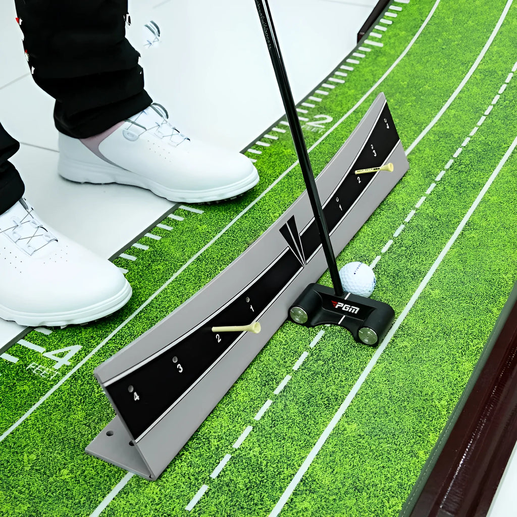 Golf putter trajectory balance simulator with adjustable push rod on a putting mat