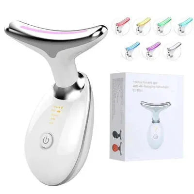 Black silver EMS thermal neck massager with LED lights for facial firming and wrinkle reduction