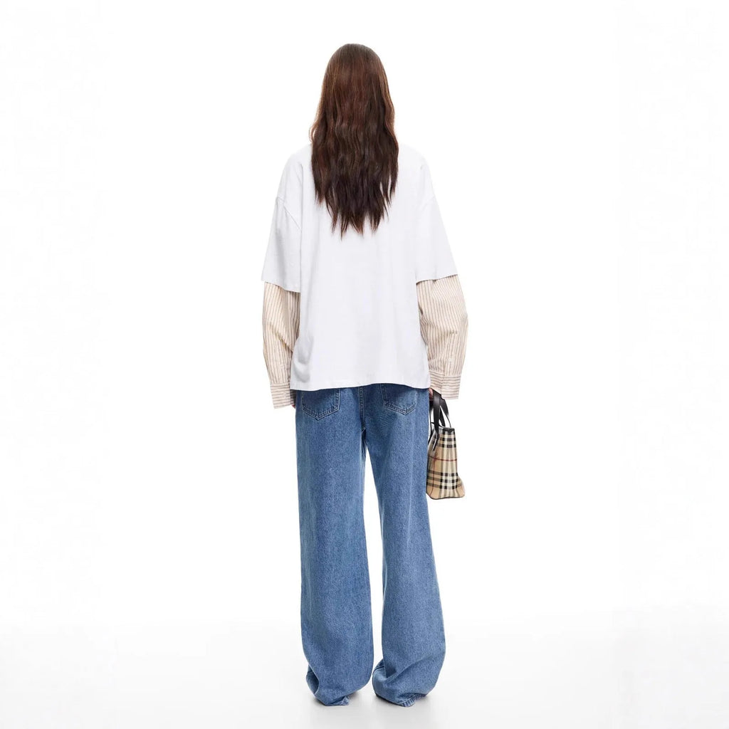 Women's low-waist straight-leg jeans with multi-button detail in stone-washed cotton denim blue colour