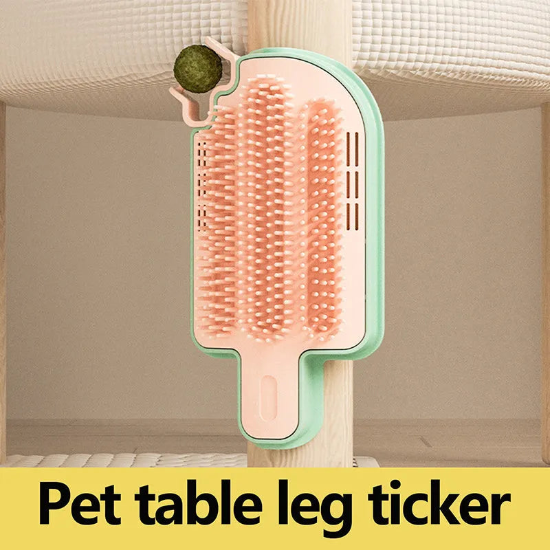 Ice cream-shaped cat scratching toy with corner rubbing post, mint ball, and feather attachment on white background.