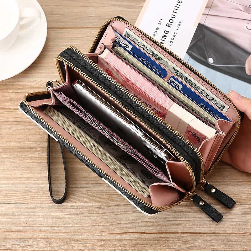 Retro-style long PU leather wallet clutch with printed design showing mobile phone compartment and zipper closure