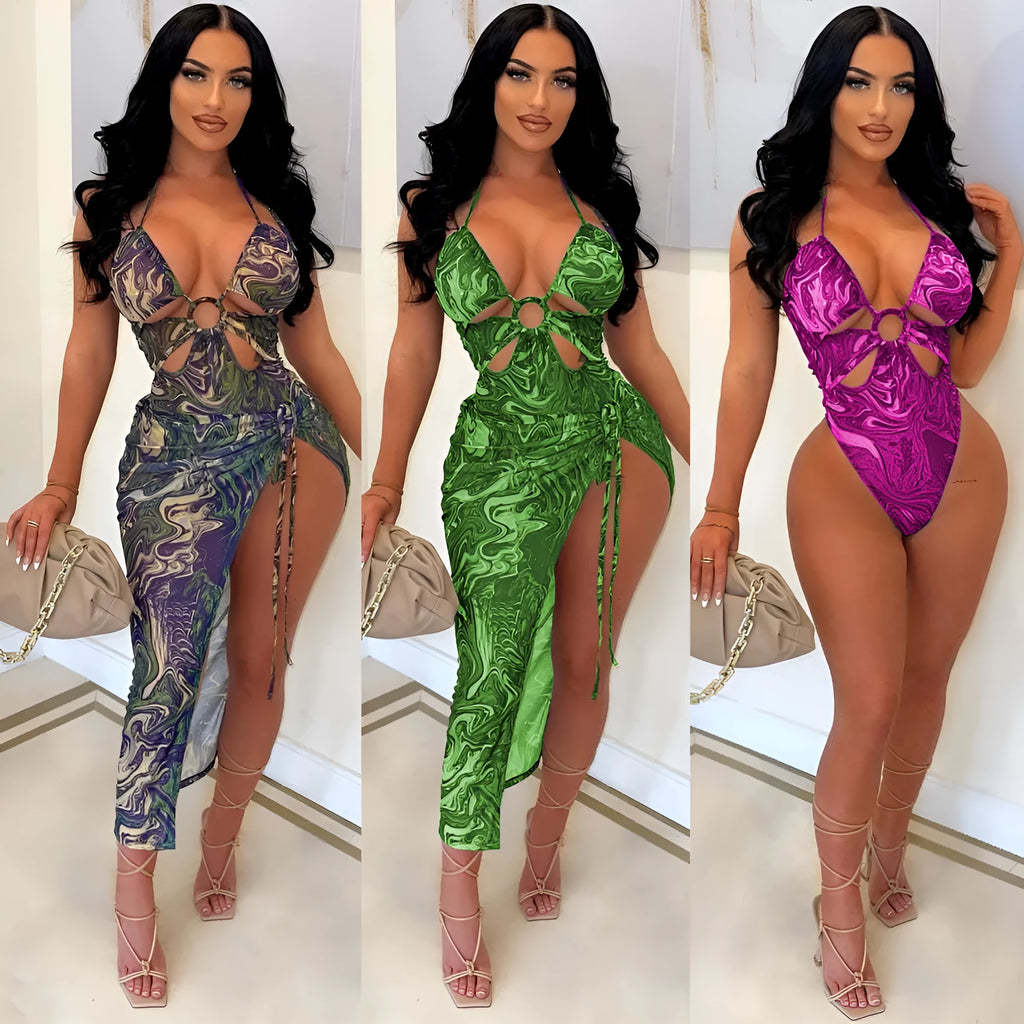 Women's printed lace up iron hoop beachwear two-piece set in pink, green, blue