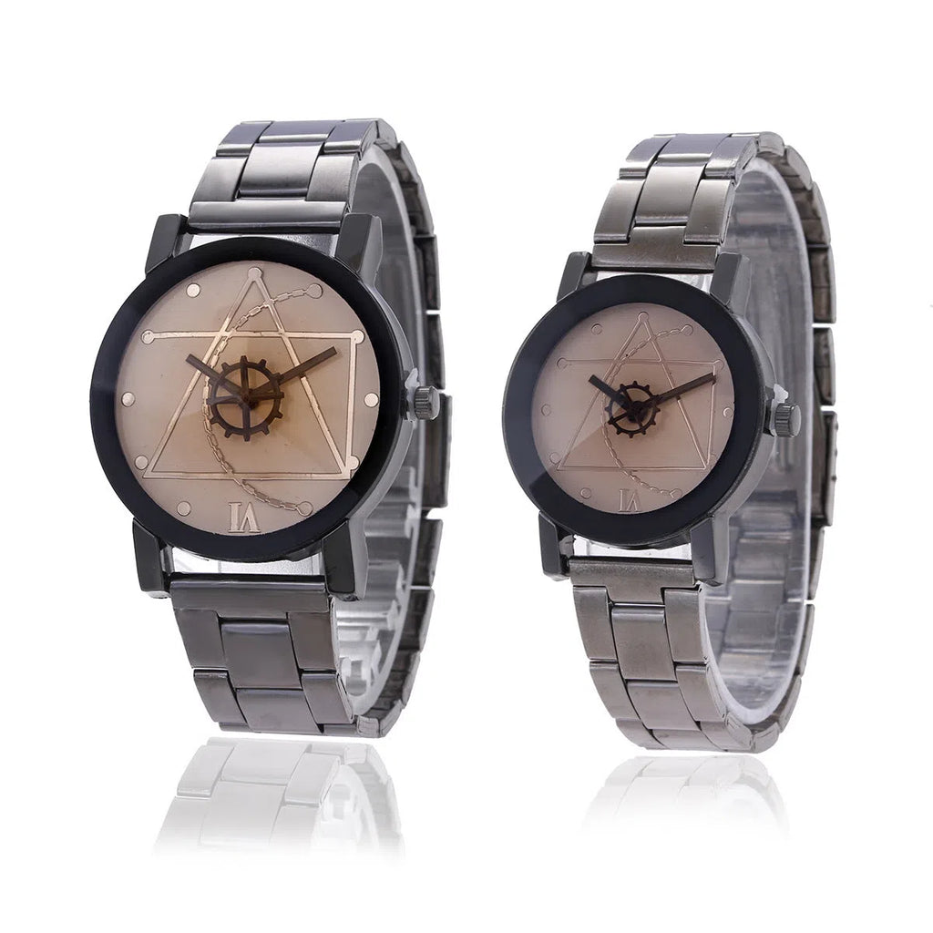 Quartz watch with compass dial, gear pointer, stainless steel band, black dial