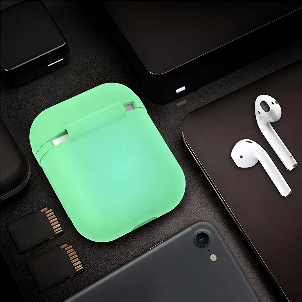 Luminous blue silicone flip-open protective case for Apple AirPods charging case on a dark background.