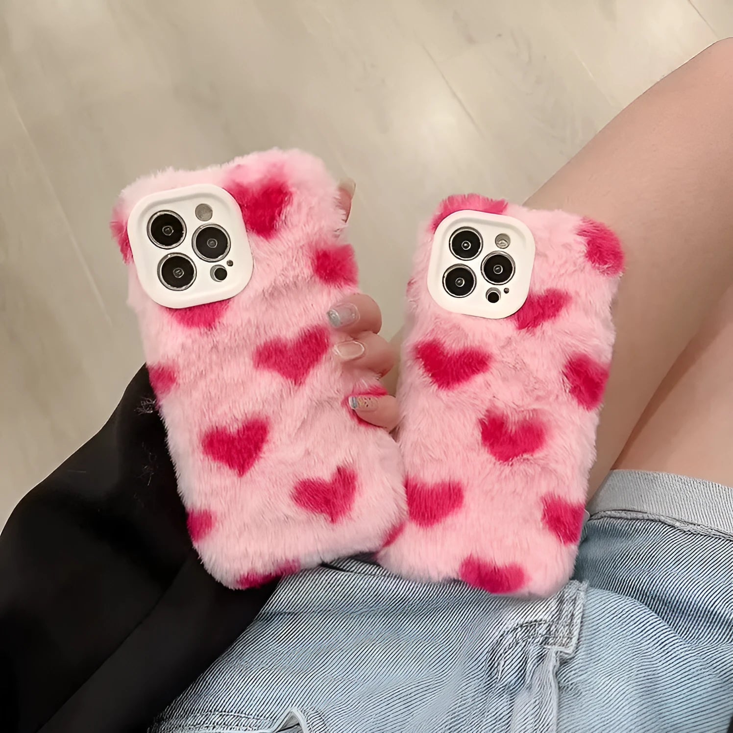 Pink silicone iPhone case with cartoon Love Plush design, shown fitted on a mobile phone.