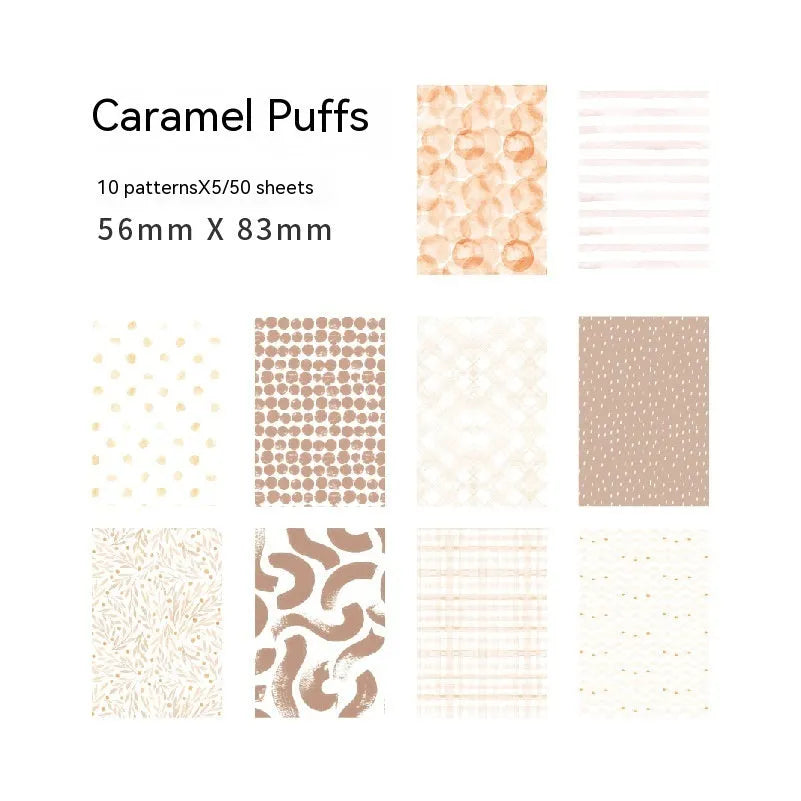 Pack of 50 retro dessert-themed note papers in colours like red plum cheese and caramel puff, each measuring 56mm by 83mm.