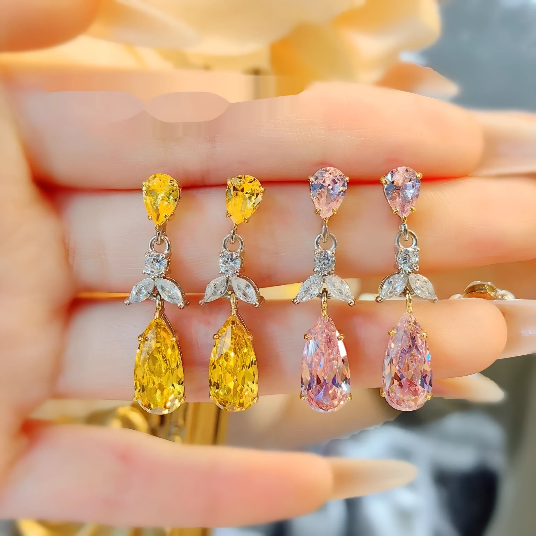 Women's retro floral high-carbon diamond crystal earrings in pink, copper base with petal and leaf design